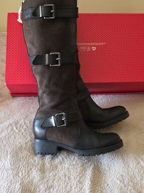 Karl Lagerfeld Over-the-Knee Leather Moto Boots in Dark Brown and Black